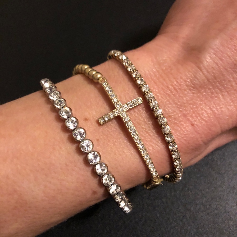 Vintage Gold and Silver Tone Rhinestone Crystal Cross Stackable Bracelet Set